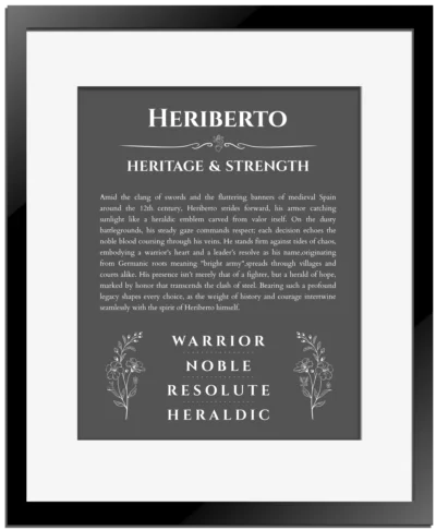 Heriberto personalized wall art with the story of your name in gray with black matte frame