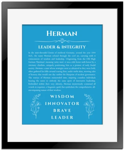 Herman name meaning gift print in blue with black matte frame