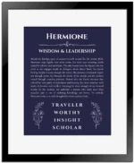 Hermione personalized name art with origin story in navy blue with black matte frame