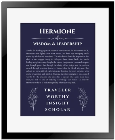 Hermione personalized name art with origin story in navy blue with black matte frame