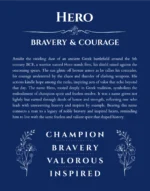 Hero personalized name art with origin story in deep blue