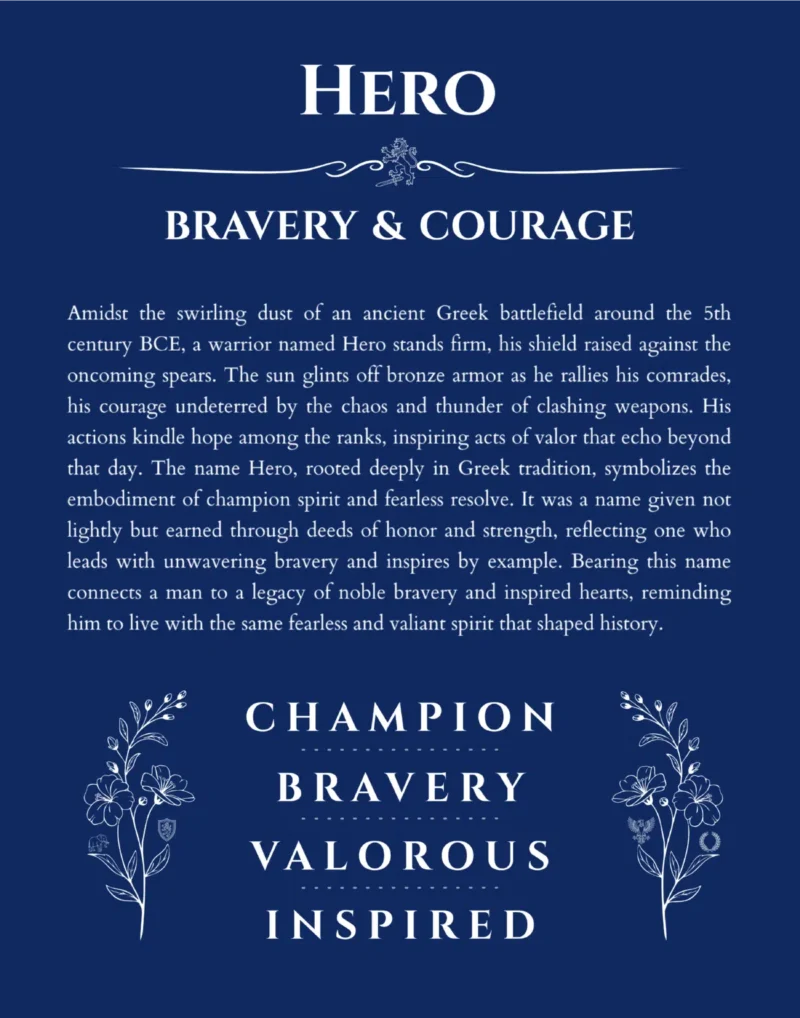 Hero personalized name art with origin story in deep blue