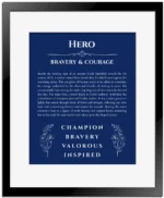 Hero personalized name art with origin story in deep blue with black matte frame