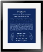 Hersh personalized name meaning print in deep blue with black matte frame