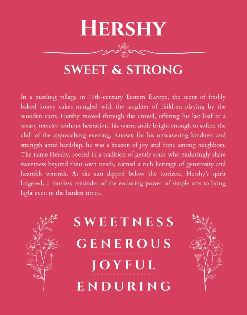 Hershy name origin print with meaning and traits in red