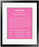 Heston name origin print with meaning and traits in pink with black matte frame