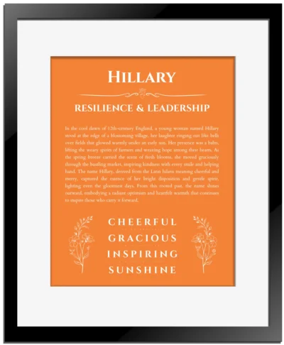 Hillary personalized name meaning print in orange with black matte frame