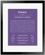 Hinda name meaning gift print in purple with black matte frame