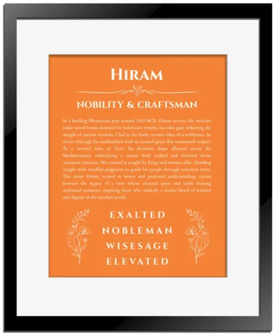 Hiram personalized name print with origin and traits in orange with black matte frame