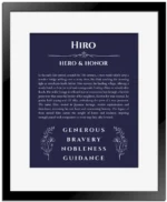Hiro custom name print for wall display in navy blue with black matte frame