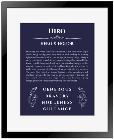 Hiro custom name print for wall display in navy blue with black matte frame