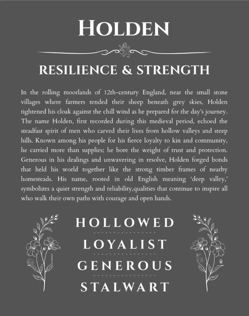 Holden name origin print with meaning and traits in gray