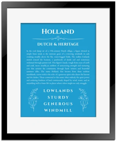 Holland name meaning gift print in blue with black matte frame