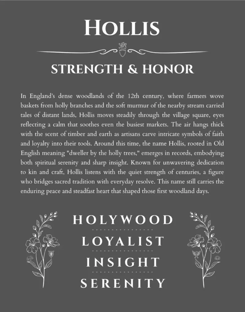 Hollis personalized name print with origin and traits in gray