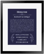 Hollyn custom name print for wall display in navy blue with black matte frame