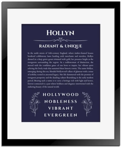 Hollyn custom name print for wall display in navy blue with black matte frame
