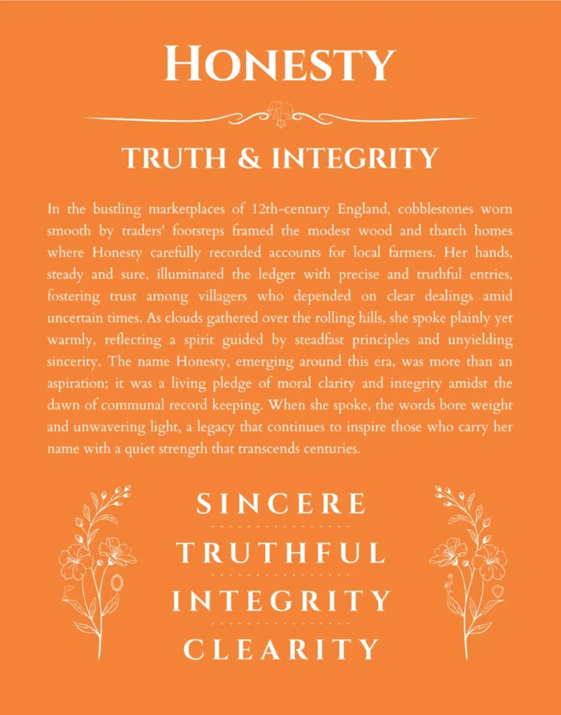 Honesty custom name art showing meaning and origin in orange