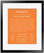 Honesty custom name art showing meaning and origin in orange with black matte frame
