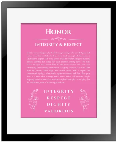Honor custom name meaning print in pink with black matte frame