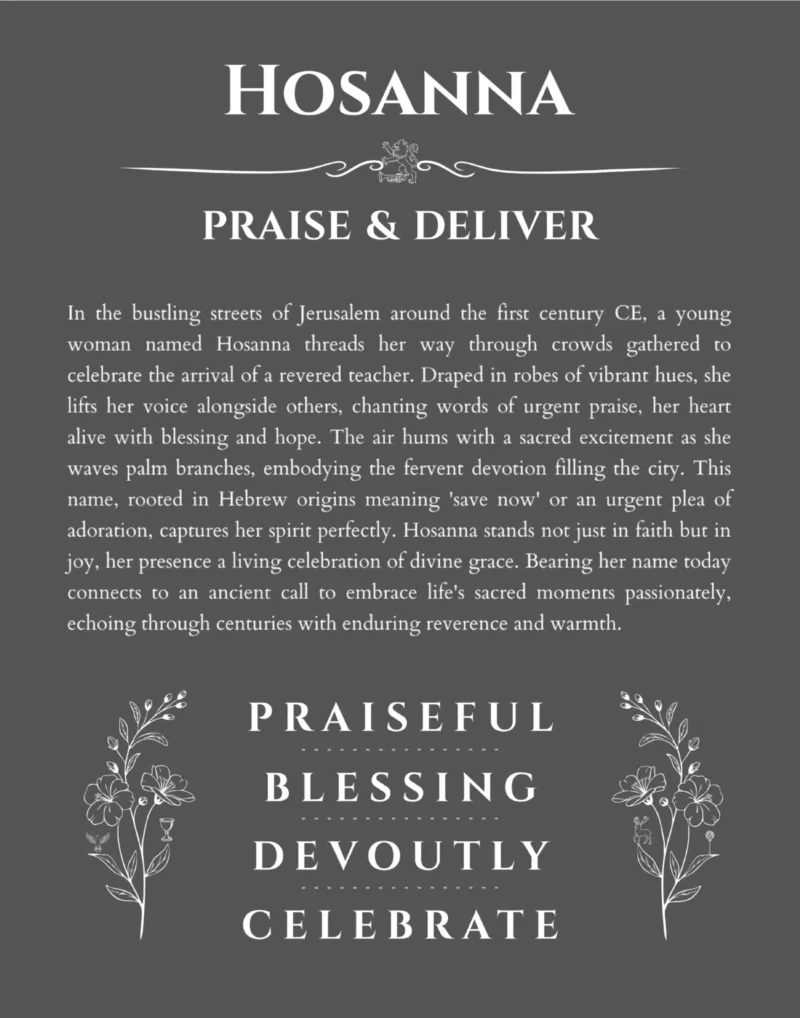 Hosanna personalized name art with origin story in gray