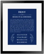 Hoyt personalized wall art with the story of your name in deep blue with black matte frame