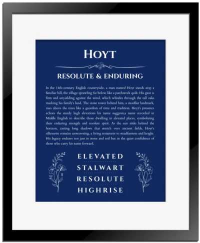 Hoyt personalized wall art with the story of your name in deep blue with black matte frame