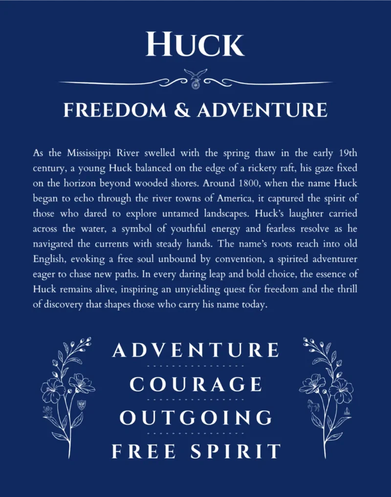 Huck custom name art showing meaning and origin in deep blue