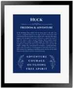 Huck custom name art showing meaning and origin in deep blue with black matte frame