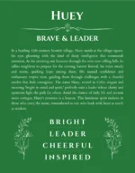 Huey personalized wall art with the story of your name in dark green