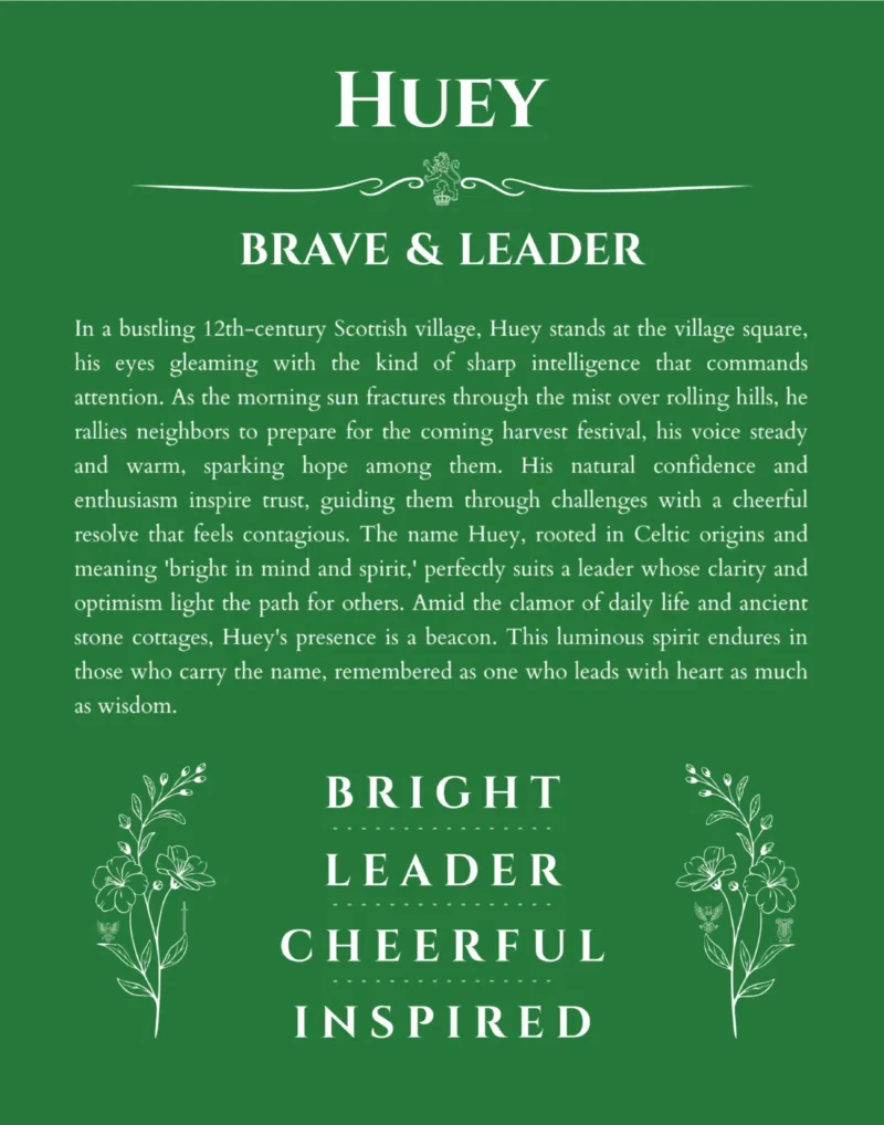 Huey personalized wall art with the story of your name in dark green