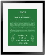 Hugh name meaning gift print in dark green with black matte frame