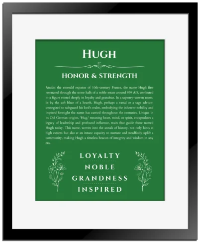 Hugh name meaning gift print in dark green with black matte frame