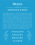 Hugo name origin print with meaning and traits in blue