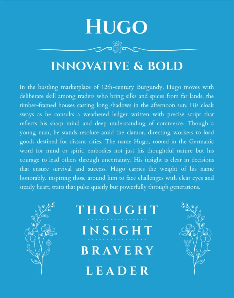 Hugo name origin print with meaning and traits in blue
