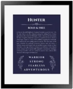 Hunter name meaning gift print in navy blue with black matte frame