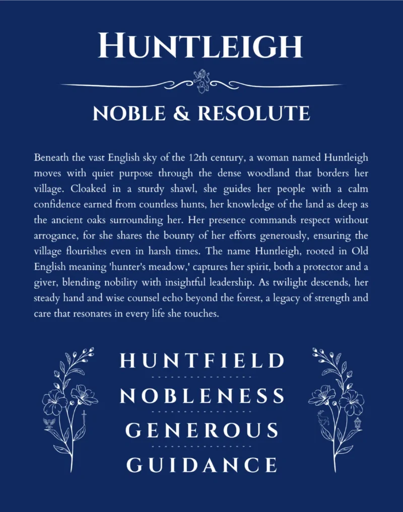 Huntleigh personalized name art with origin story in deep blue