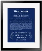 Huntleigh personalized name art with origin story in deep blue with black matte frame