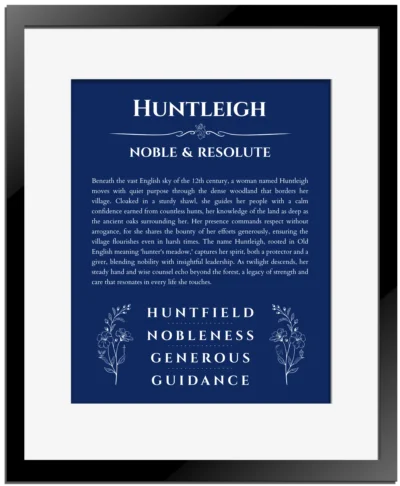Huntleigh personalized name art with origin story in deep blue with black matte frame