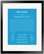 Hutton personalized name meaning print in blue with black matte frame