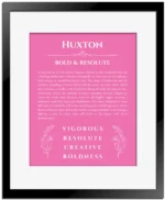 Huxton name meaning wall art by Get Your Story in pink with black matte frame