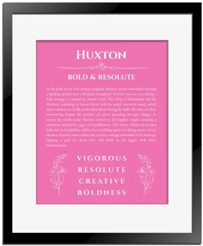 Huxton name meaning wall art by Get Your Story in pink with black matte frame