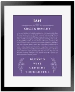 Ian personalized wall art with the story of your name in purple with black matte frame