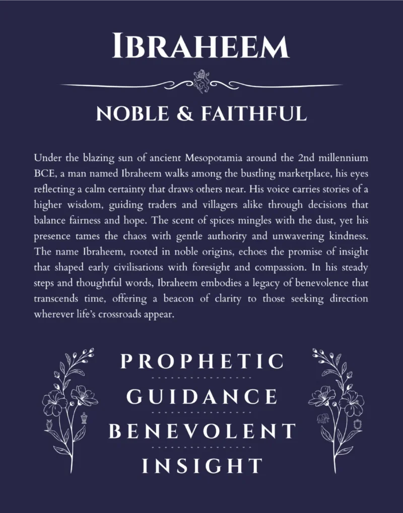 Ibraheem name origin print with meaning and traits in navy blue