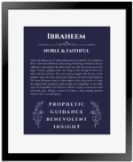 Ibraheem name origin print with meaning and traits in navy blue with black matte frame