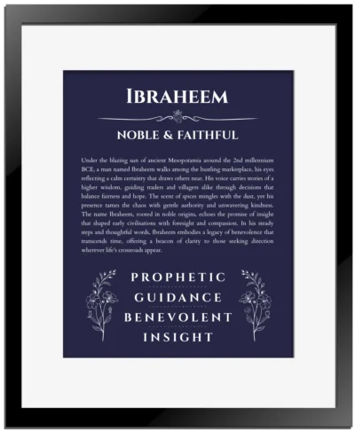 Ibraheem name origin print with meaning and traits in navy blue with black matte frame