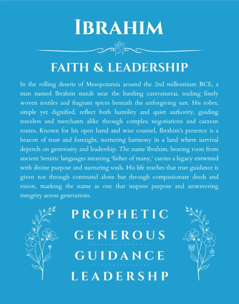 Ibrahim personalized name print with origin and traits in blue