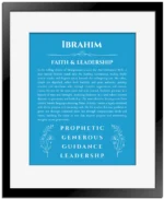 Ibrahim personalized name print with origin and traits in blue with black matte frame