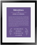 Ibrahima custom name art showing meaning and origin in purple with black matte frame