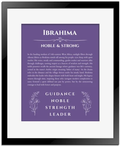 Ibrahima custom name art showing meaning and origin in purple with black matte frame