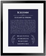 Icelynn personalized name meaning print in navy blue with black matte frame